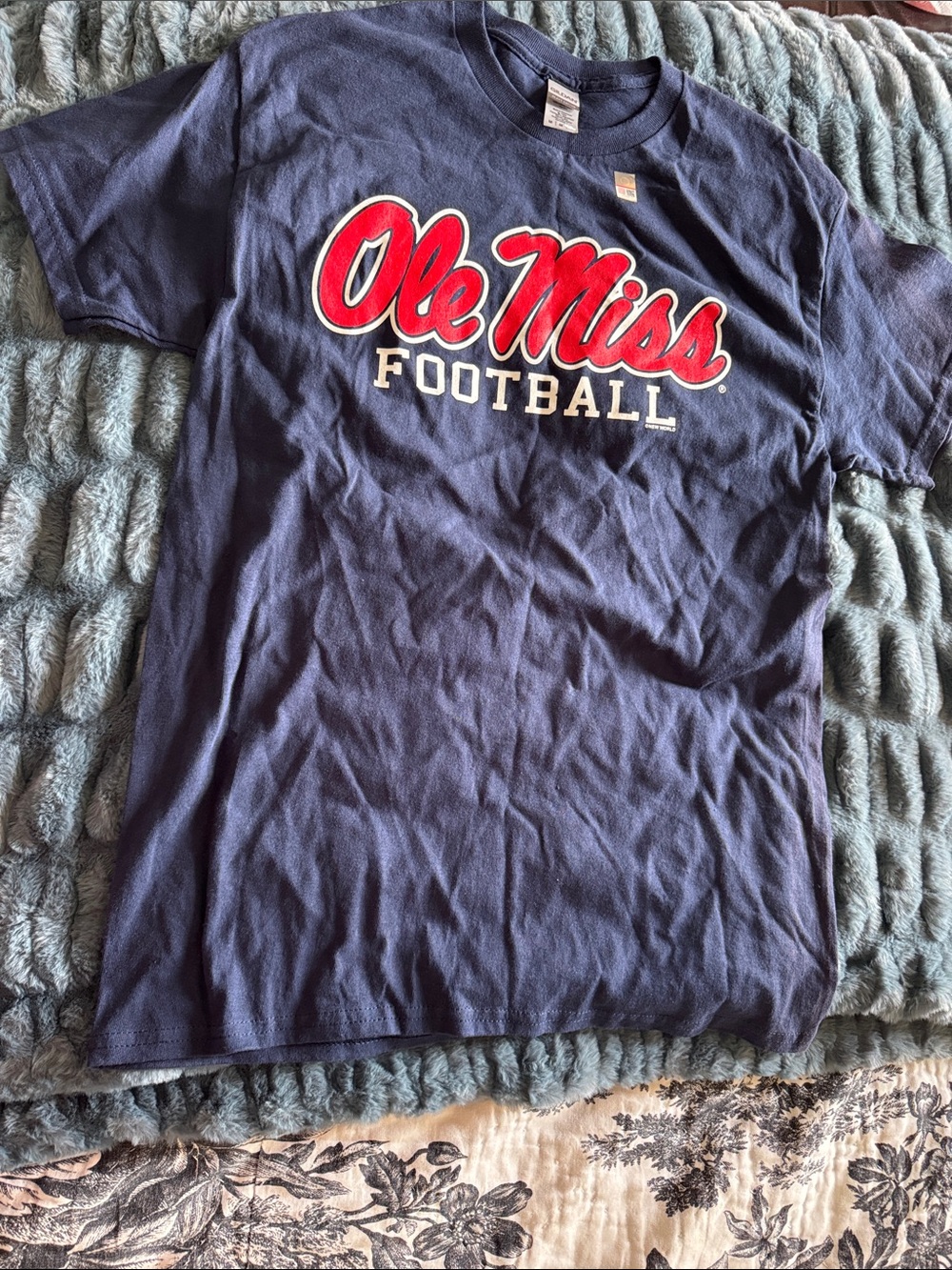 Gildan Navy Ole Miss Football Tee with Red Logo